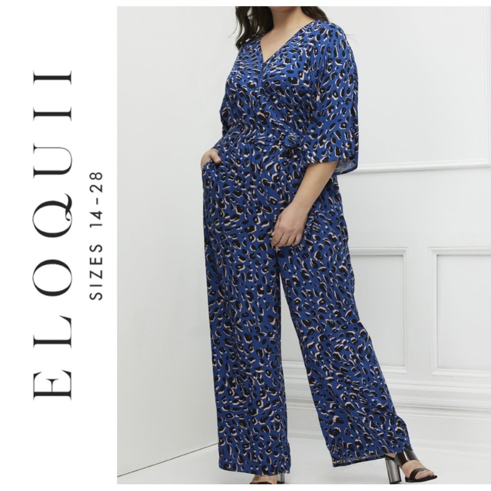 Eloquii 22 Navy and Tan Patterned Leo Print Wide Leg Plunge Neck Loose Jumpsuit - Picture 2 of 11
